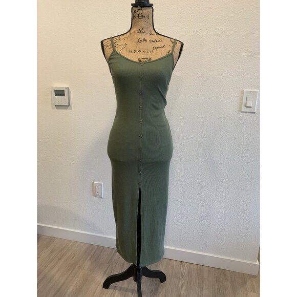 (E-191) Timing womens dress spaghetti strap cowl neck stretch size M olive green - Picture 2 of 6